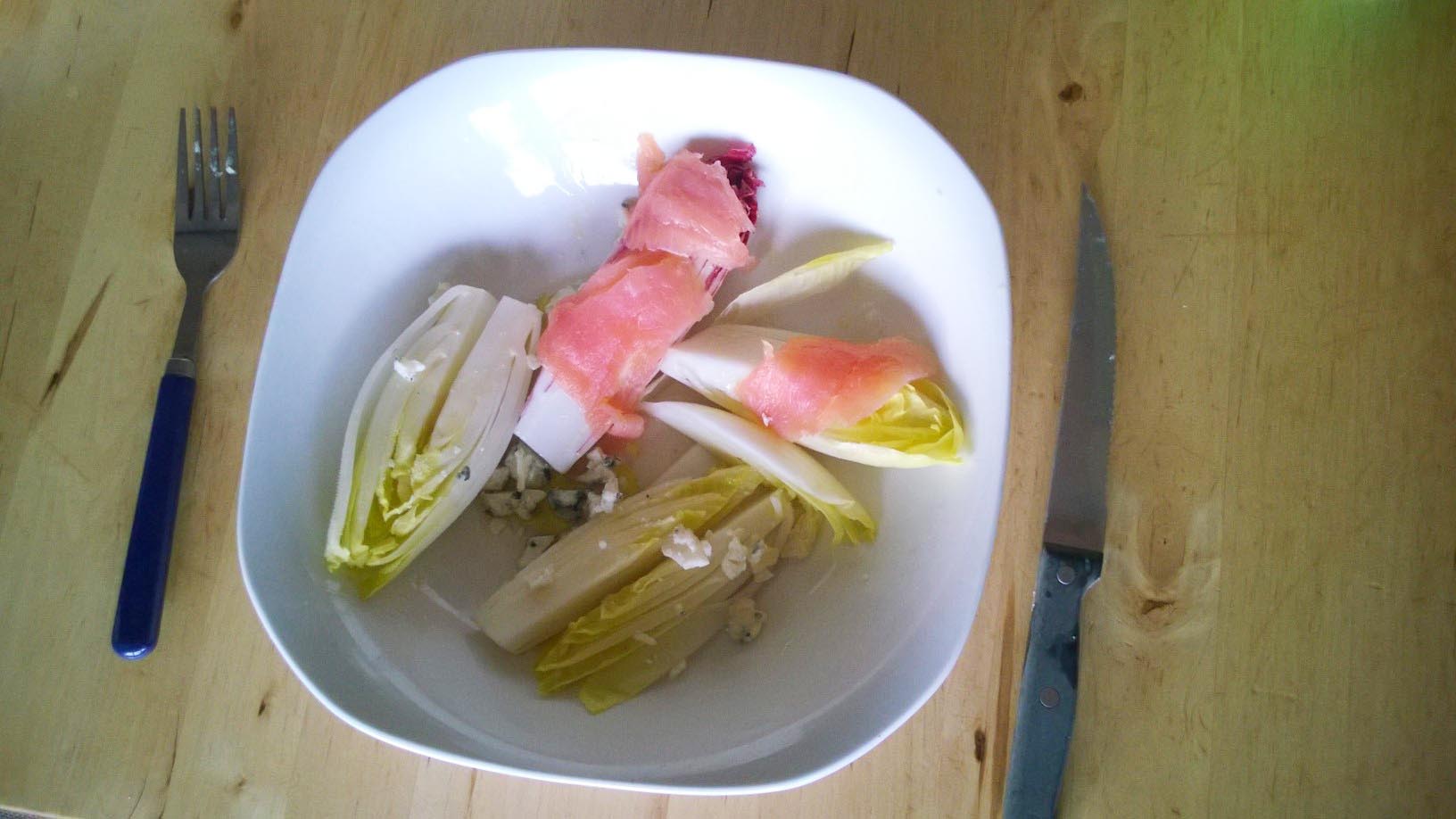 Belgian endives with smoked salmon and blue cheese