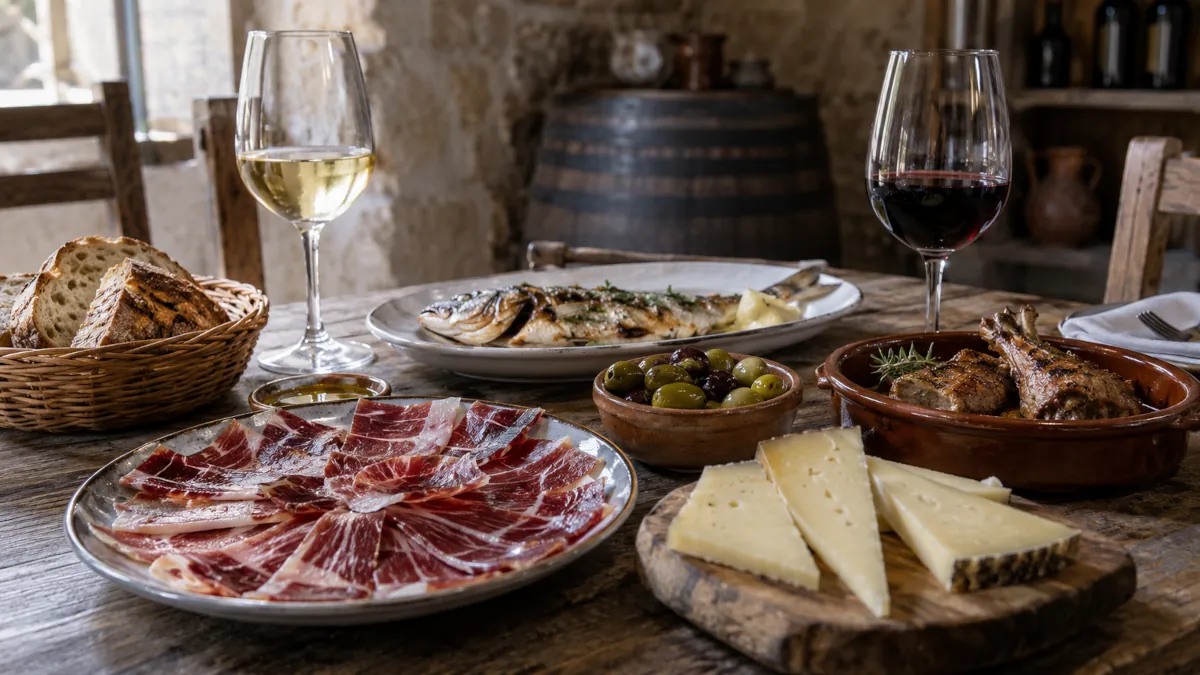 Tabla de jamón, quesos y vino